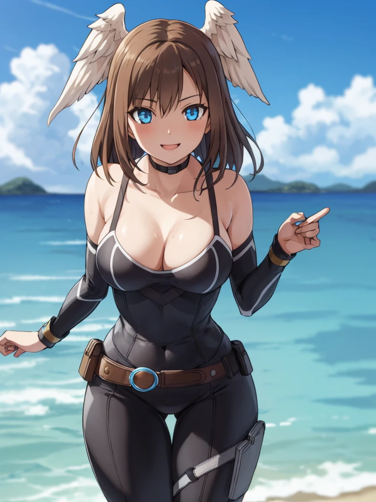 1girl, solo, HDR, sharp focus, (8k), (4k), masterpiece, best quality, extremely detailed, detailed skin, hyper detailed, sharp focus, perfect eyes, high quality,, best quality, eunie,1girl,brown hair, head wings, blue eyes, big breasts, perfect hands, smile, bikini, cute,