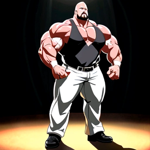 The big show as a bodybuilder with enormous muscles, wide huge pectorals, wearing dressing shirt and pants, full body