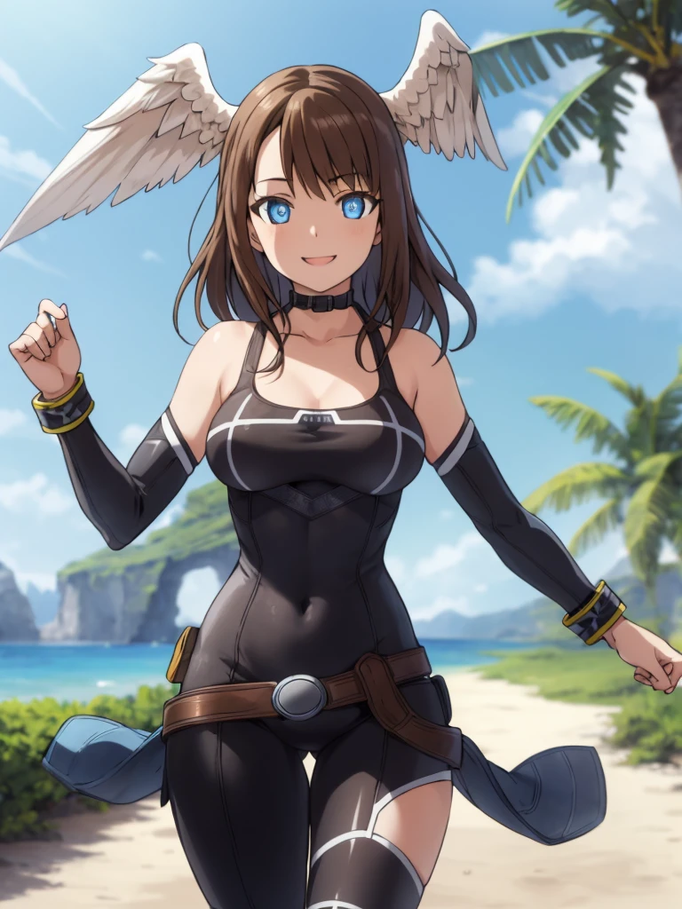 1girl, solo, HDR,  sharp focus,  (8k),  (4k),  masterpiece,  best quality,  extremely detailed,  detailed skin,  hyper detailed,  sharp focus,  perfect eyes,  high quality,, best quality, eunie,1girl,brown hair,  head wings, blue eyes, big breasts, perfect hands, smile, bikini, cute,