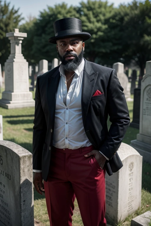 50-year-old black man with black hair, big beard, red pants, no shirt, top hat in the cemetery