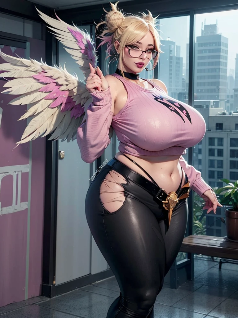 realisticlying，22yo girl，Blonde short、big body, sexy lingerie lace black ,perfect eyes, hair bunches、very very long hair, ultradetailed hair, body nylon sexy, Breasts enlarged、 big body, blonde, woman 1.90 CM,ponytail, ((hair over eyes)),perfect mouth, massive big bounce oppai, WET SKIN, (masterpiece, best quality:1.2), 1girl, solo, city background, haze \(fortnite\), Harpy Haze From fortnite, 1girl, earrings, glasses, hat, jewelry, lips, long hair, looking at viewer, makeup, nail polish, pink eyes, pink hair, pink nails, smile, sunglasses, tinted eyewear, belt, black pants, crop top, eyeshadow, midriff, navel, pants, choker, fingernails, round eyewear, sharp fingernails, standing, black feathers, black headwear, hoop earrings, horned headwear, horns, denim, winged arms, feather trim, star \(symbol\), elbow gloves, dark pink lips, feathers, heels, shoes, angel wings, bangle, black wings, crop top overhang, feathered wings, harpy, low wings, multicolored hair, multicolored wings, pink wings, wings, fingerless gloves, shirt, long fingernails, boater hat, bootcut pants, leather pants, sleeves, black sleeves,massive big bounce oppai,massive big bounce oppai,massive big bounce oppai,
