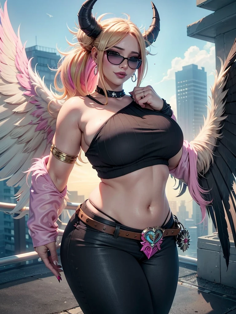realisticlying,22yo girl,Blonde short、big body, sexy lingerie lace black ,perfect eyes, hair bunches、very very long hair, ultradetailed hair, body nylon sexy, Breasts enlarged、 big body, blonde, woman 1.90 CM,ponytail, ((hair over eyes)),perfect mouth, massive big bounce oppai, WET SKIN, (masterpiece, best quality:1.2), 1girl, solo, city background, haze \(fortnite\), Harpy Haze From fortnite, 1girl, earrings, glasses, hat, jewelry, lips, long hair, looking at viewer, makeup, nail polish, pink eyes, pink hair, pink nails, smile, sunglasses, tinted eyewear, belt, black pants, crop top, eyeshadow, midriff, navel, pants, choker, fingernails, round eyewear, sharp fingernails, standing, black feathers, black headwear, hoop earrings, horned headwear, horns, denim, winged arms, feather trim, star \(symbol\), elbow gloves, dark pink lips, feathers, heels, shoes, angel wings, bangle, black wings, crop top overhang, feathered wings, harpy, low wings, multicolored hair, multicolored wings, pink wings, wings, fingerless gloves, shirt, long fingernails, boater hat, bootcut pants, leather pants, sleeves, black sleeves,massive big bounce oppai,massive big bounce oppai,massive big bounce oppai,