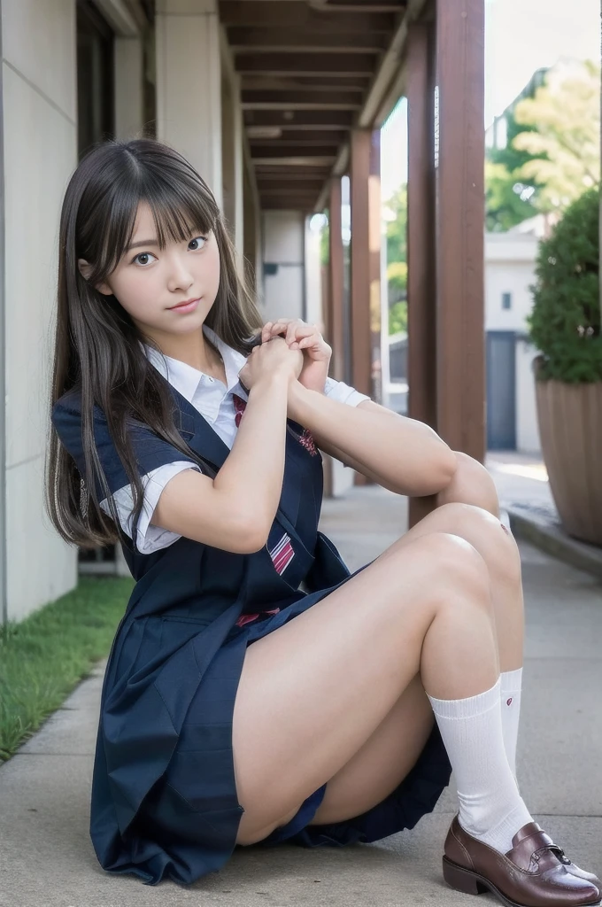 Japanese 18 year old female,Cosplay Japanese Uniform,squat,(Knees and thighs together:1.2),Upskirt from under the skirt,High school hallway,Shooting from a low angle,(Focus on her crotch:1.1),She shows her knees,Thrust your knees forward,Bring both knees together,Press both thighs together,(Put your hands on her knees:1.2)