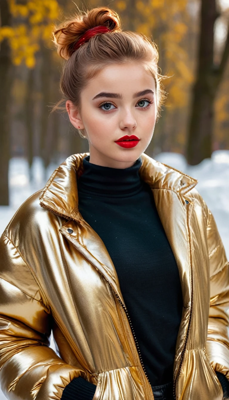 ultrarealistic high quality fullbody photo of a beautiful slim european teen girl with cute hyperdetailed shy face and natural redhead short messy bun and mischievous face, realistic round hazel eyes, red lips, dark eye makeup with eyeliner, wearing shiny gold puffer jacket and faux leather leggins, hourglass body, outdoor shooting