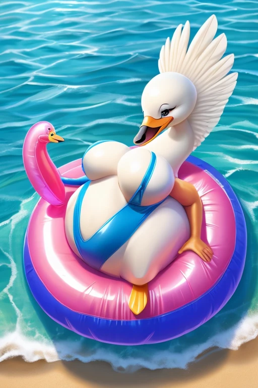 Antoinette, the beautiful female Swan in her blue bikini, is floating around in her giant inflatable swan at the beach. Her jiggles as she floats around the sea in her giant inflatable swan floatie.