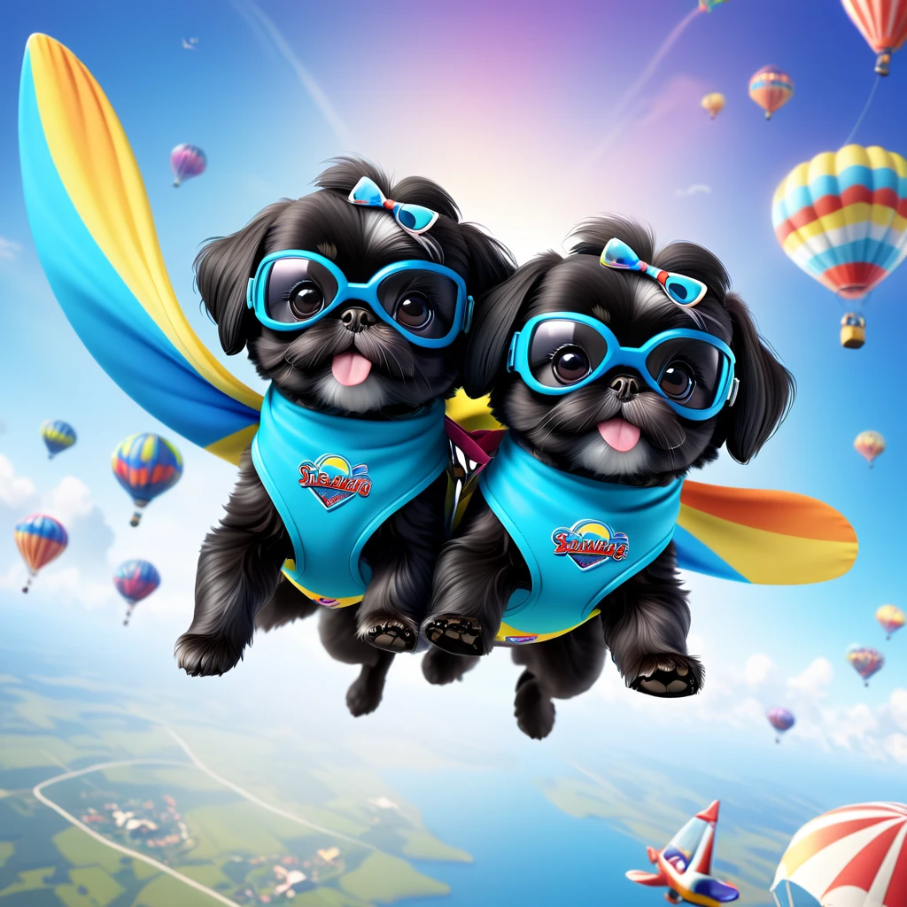 2 Adorable small black Shih Tzu puppies wearing bright bandannas and goggles skydiving Disney background 3d cartoon 3d render disney pixar style