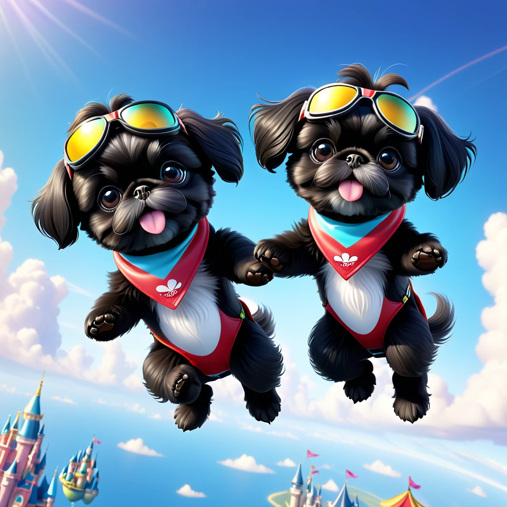 2 Adorable small black Shih Tzu puppies wearing bright bandannas and goggles skydiving Disney background 3d cartoon 3d render disney pixar style