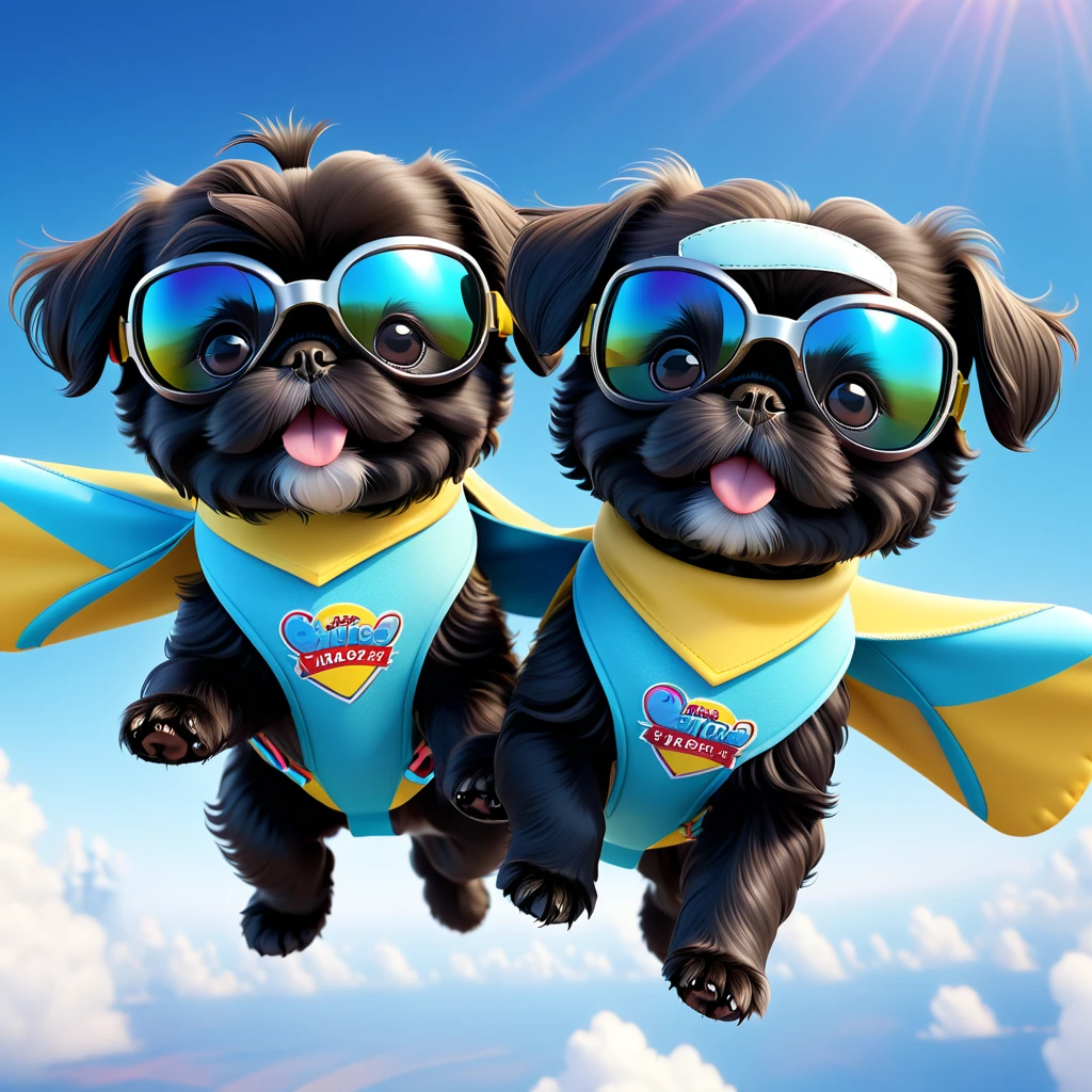 2 Adorable small black Shih Tzu puppies wearing bright bandannas and goggles skydiving Disney background 3d cartoon 3d render disney pixar style