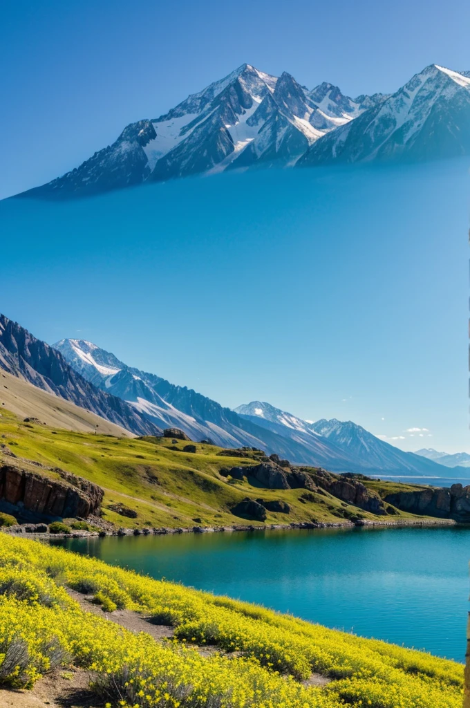 There is a picture of a place. This place is very beautiful. You can see mountains, a lake and land. The blue sky is pretty bright, it is iluminating the place. The mountains are Big, and you can see a lot of them. The lake has blue and green as colors, those colors make the place look cool in My opninion. The land seems to have sand, and it also has yellow flowers on it. Rocks are also visible on the land. The mountains have several trees, which make them look green.