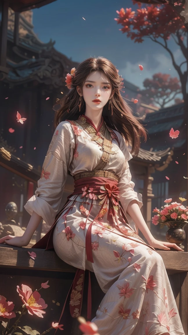 A beautiful woman with perfect curves wearing a long dress that gently flutters in the air,The beautiful woman was sitting in a sea of beautiful flowers surrounding her, Chinese traditional, her flexible body increasing with every movement, So enchanting, the dim candlelight, the glowing butterflies fighting the darkness of the night, the light of the moon, The night wind blowing the curtains, the pink flower petals , flower petals flying around the room, Chinese dancing, This woman is so beautiful that she attracts everyone who watches her, ancient China, imperial empress