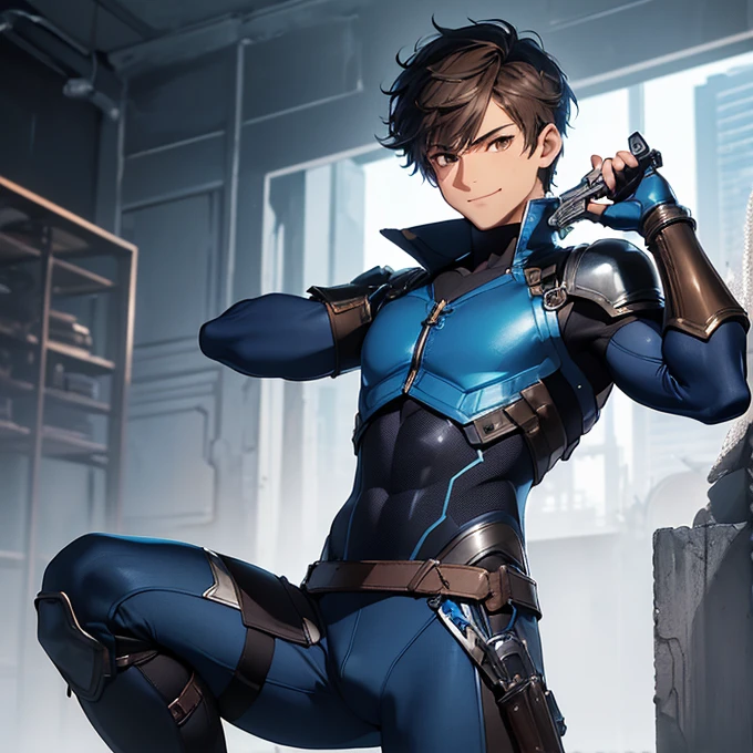 (absurdres, best high quality image, carefuly detailed features and textures, very detailed image, solo character alone, full character view): {{(1character: male human gunner boy), (fair skin, brown spiky short hair, brown eyes, slender body), (dark blue light armor, dark blue light shoulder plates, blue body suit under the armor, blue pants under the armor, dark blue gauntlets, dark blue metal long boots), (silver pistol), (relaxed smile, shooter pose, holding his pistol with his left hand), (modern human british city)}}