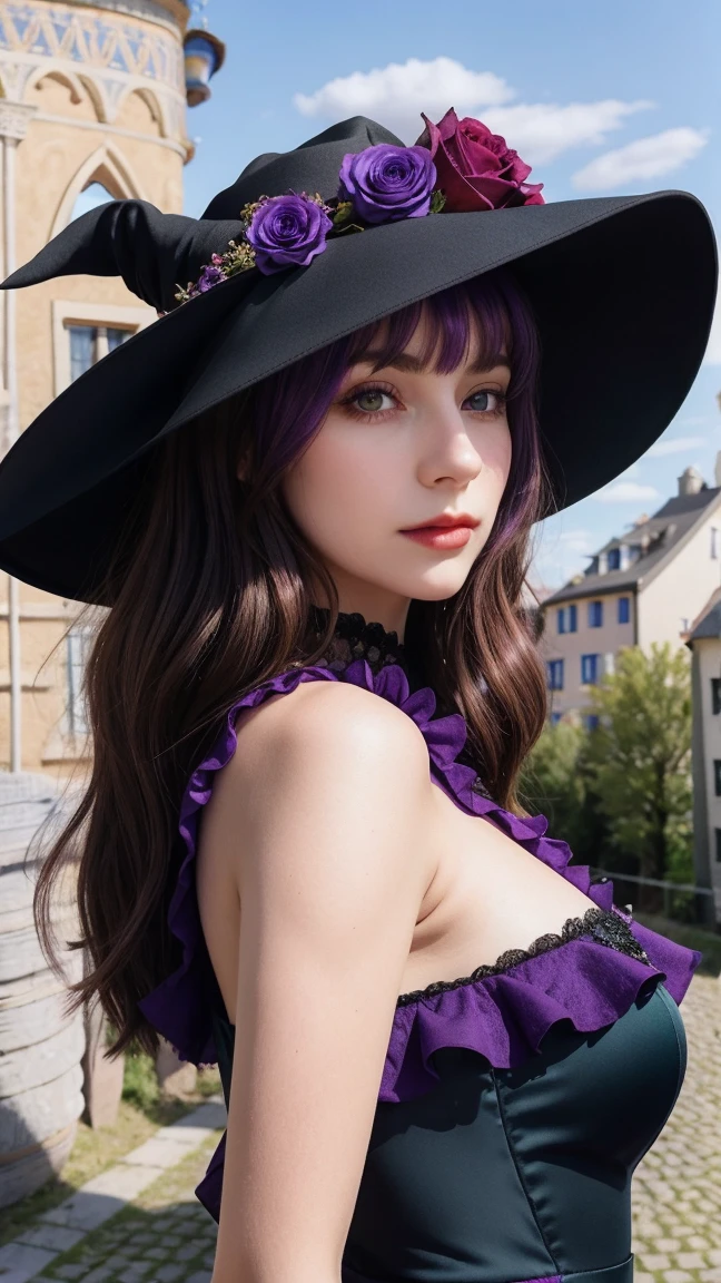 a beautiful girl, perfect face, arms at sides, ultra high res, upper body:1.5, lisa (genshin impact), purple witch hat, green eyes, brown hair, (PureErosFace_V1:0.008), (european:1.6), bangs, dress, rose, jewelry, witch, capelet, purple headwear, black gloves, purple flower, hair between eyes, purple rose, parted lips, purple capelet, hat flower, multicolored dress, hair ornament, windmill, big breasts and slender body, from side, bokeh, first-person view, pov, masterpiece, high quality, 4k, 16k, super detail
