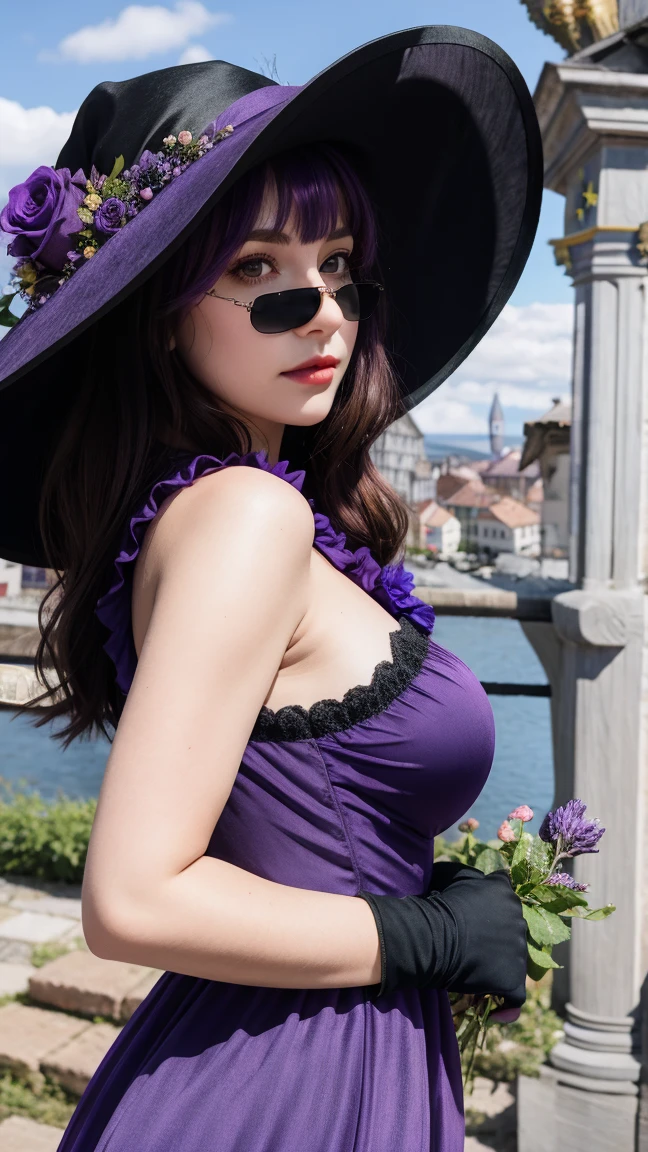 a beautiful girl, perfect face, arms at sides, ultra high res, upper body:1.5, lisa (genshin impact), purple witch hat, green eyes, brown hair, (PureErosFace_V1:0.008), (european:1.6), bangs, dress, rose, jewelry, witch, capelet, purple headwear, black gloves, purple flower, hair between eyes, purple rose, parted lips, purple capelet, hat flower, multicolored dress, hair ornament, windmill, big breasts and slender body, from side, bokeh, first-person view, pov, masterpiece, high quality, 4k, 16k, super detail
