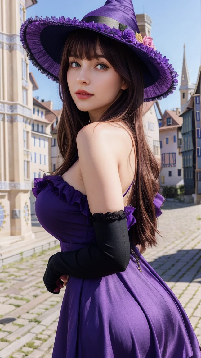 a beautiful girl, perfect face, arms at sides, ultra high res, upper body:1.5, lisa (genshin impact), purple witch hat, green eyes, brown hair, (PureErosFace_V1:0.008), (european:1.6), bangs, dress, rose, jewelry, witch, capelet, purple headwear, black gloves, purple flower, hair between eyes, purple rose, parted lips, purple capelet, hat flower, multicolored dress, hair ornament, windmill, big breasts and slender body, from side, bokeh, first-person view, pov, masterpiece, high quality, 4k, 16k, super detail
