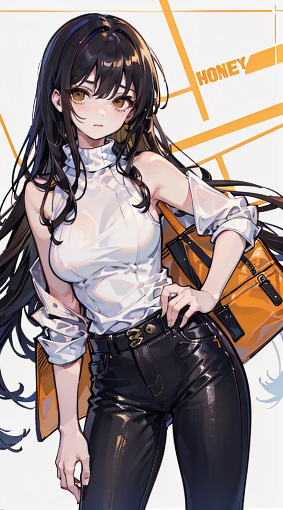 1Female, 157 cm tall, Has a  and medium hips., brown eyes, long black hair. Honey yellow skin, has a shy and insecure personality. has big, soft cheeks black turtleneck black jeans