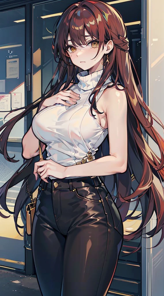 1Female, 157 cm tall, Has a  and medium hips., brown eyes, long black hair. Honey yellow skin, has a shy and insecure personality. has big, soft cheeks black turtleneck black jeans