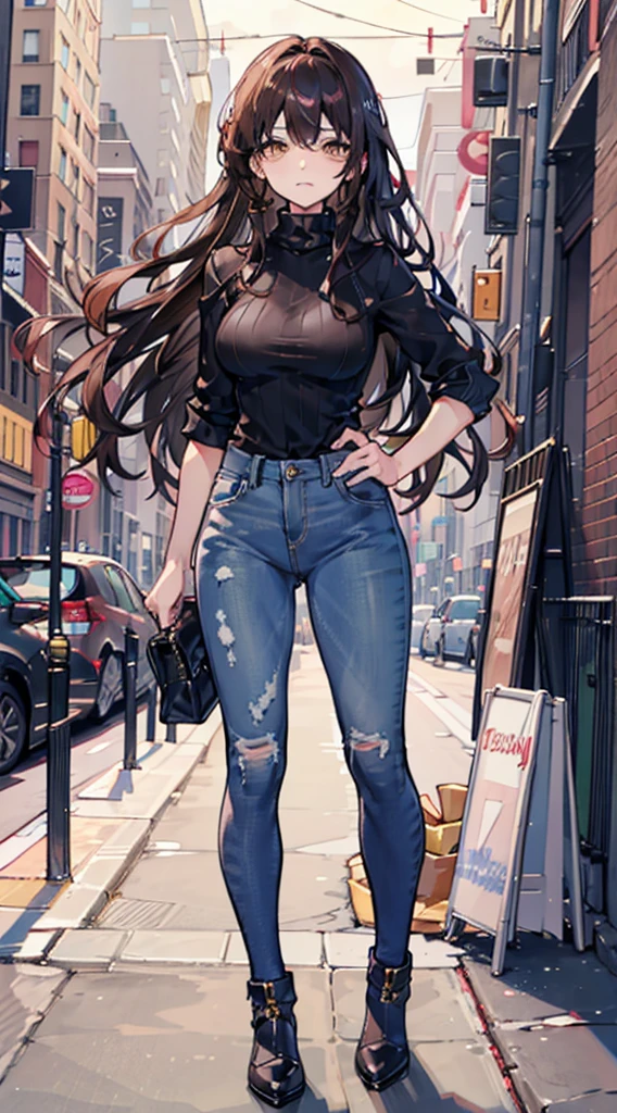 1Female, 157 cm tall, Has a  and medium hips., brown eyes, long black hair. Honey yellow skin, has a shy and insecure personality. has big, soft cheeks black turtleneck black jeans