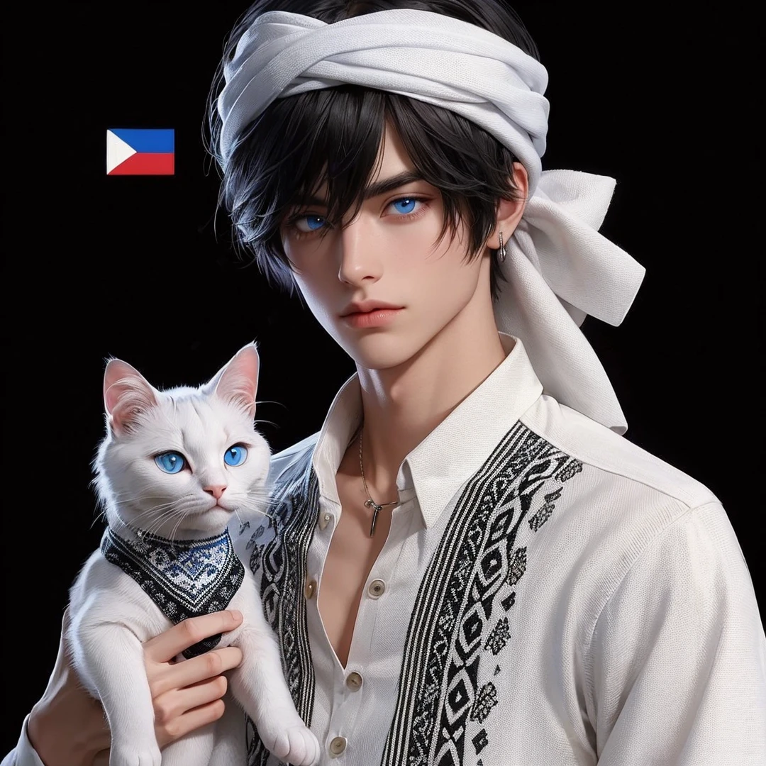 Handsome boy, black hair, blue eyes, white headdress, white and black polo, white cat