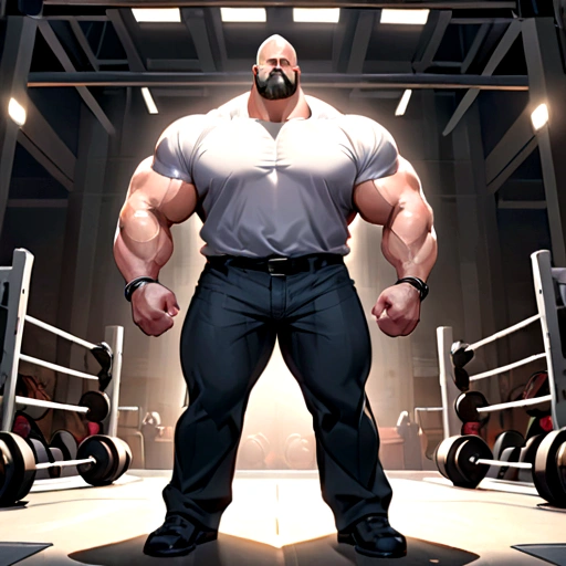 The big show as a bodybuilder with enormous muscles, wide huge pectorals, wearing dressing shirt and pants, full body 