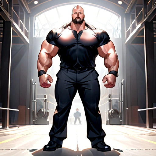The big show as a bodybuilder with enormous muscles, wide huge pectorals, wearing dressing shirt and pants, full body