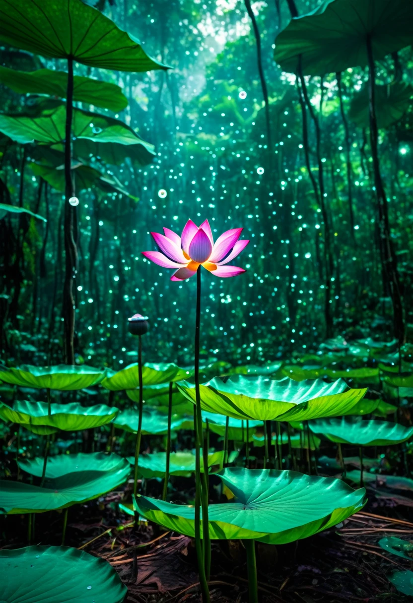 A single lotus flower with spores flying around it in a clearing in the middle of the Amazon rainforest. Neon colors. magical. magic. realist.