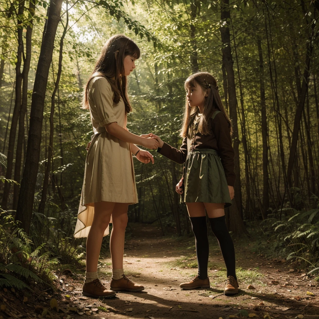 Illustration for a fairy tale about a girl., standing in the forest, Who can talk to animals?