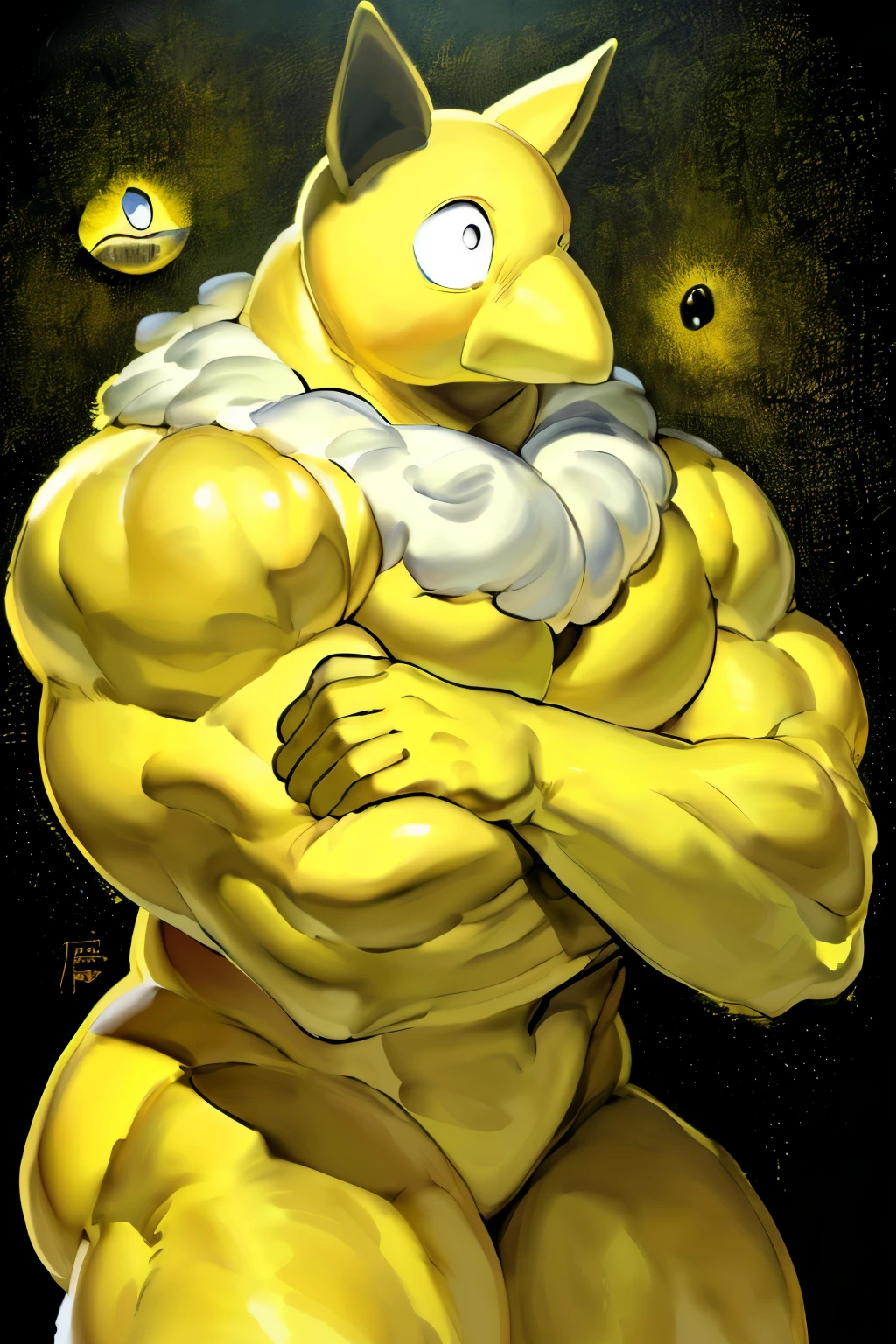 Furry, Anthro, solo, Hypno, Male, (((muscular body, massive male pectorals, massive thighs, hand waving))), ((((yellow skin, massive biceps, fluffy neck, arm down)))), ((((((massive bulky torso, wide-eyed)))))), naked, black/yellow spraypainted background, by buta99, by meesh, (((digital painting)))