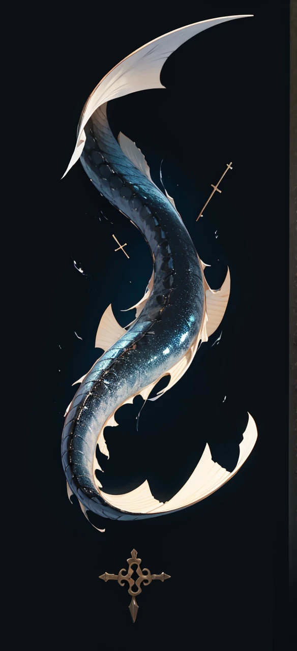 Eel-like fish with bone-like skin floating around a book, above a cross
