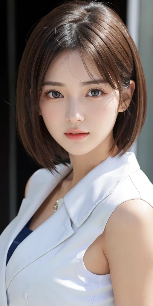 master piece、highest quality、High resolution、table top、wallpaper、realistic、bright lighting、professional lighting、face light、smooth lighting、japanese women、adult、Beautiful woman、actress、modeled、gravure、Sexy、Pitiful、super beautiful、beautiful skin、beautiful and detailed eyes、detailed face、slim、Medium large breasts、short hair、brunette colored hair、brown eyes、look at the camera、high school girl uniform、blazer、shirt、