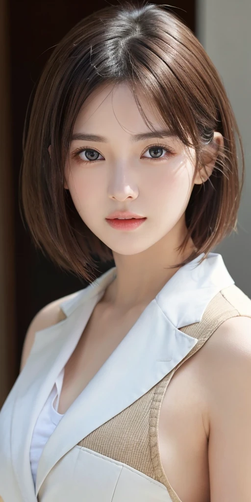 master piece、highest quality、High resolution、table top、wallpaper、realistic、bright lighting、professional lighting、face light、smooth lighting、japanese women、adult、Beautiful woman、actress、modeled、gravure、Sexy、Pitiful、super beautiful、beautiful skin、beautiful and detailed eyes、detailed face、slim、Medium large breasts、short hair、brunette colored hair、brown eyes、look at the camera、high school girl uniform、blazer、shirt、