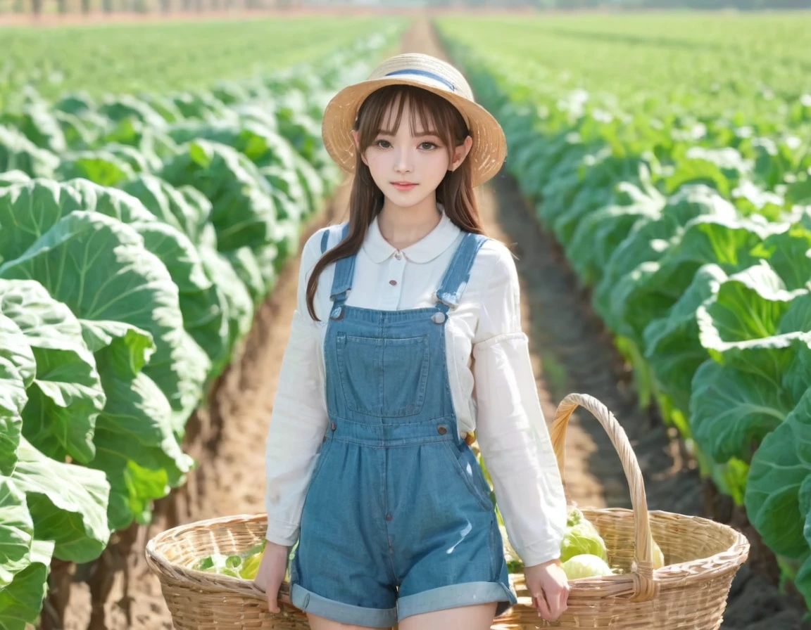 BREAK Perfect Anatomy、(High resolution:1.2)、Incredible illustrations、(Cute illustrations:1.2)、()
(cinematic angle,solo focus,) （Beautiful background（vegetable field),
  1girl(brown hair,twin tails) a girl,elf 1.7meters, 45kg,flat chest,  
  (straw hat,towel around neck,denim overalls,,oversized long sleeve shirt,work gloves)
A girl shipping cabbage in a basket