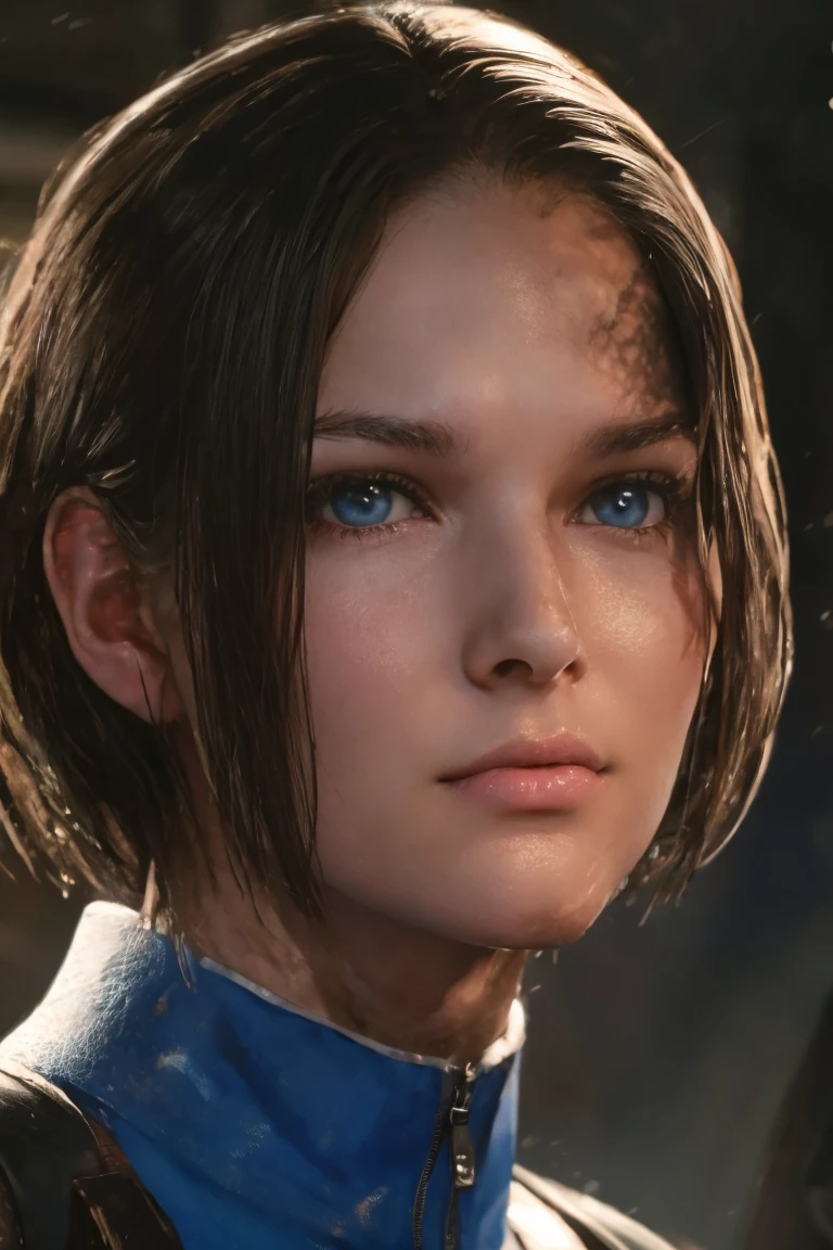 masterpiece, jill valentine, RE3 Remake, blue eyes:0.3, brown hair, oval face, long bob hair, portrait, 