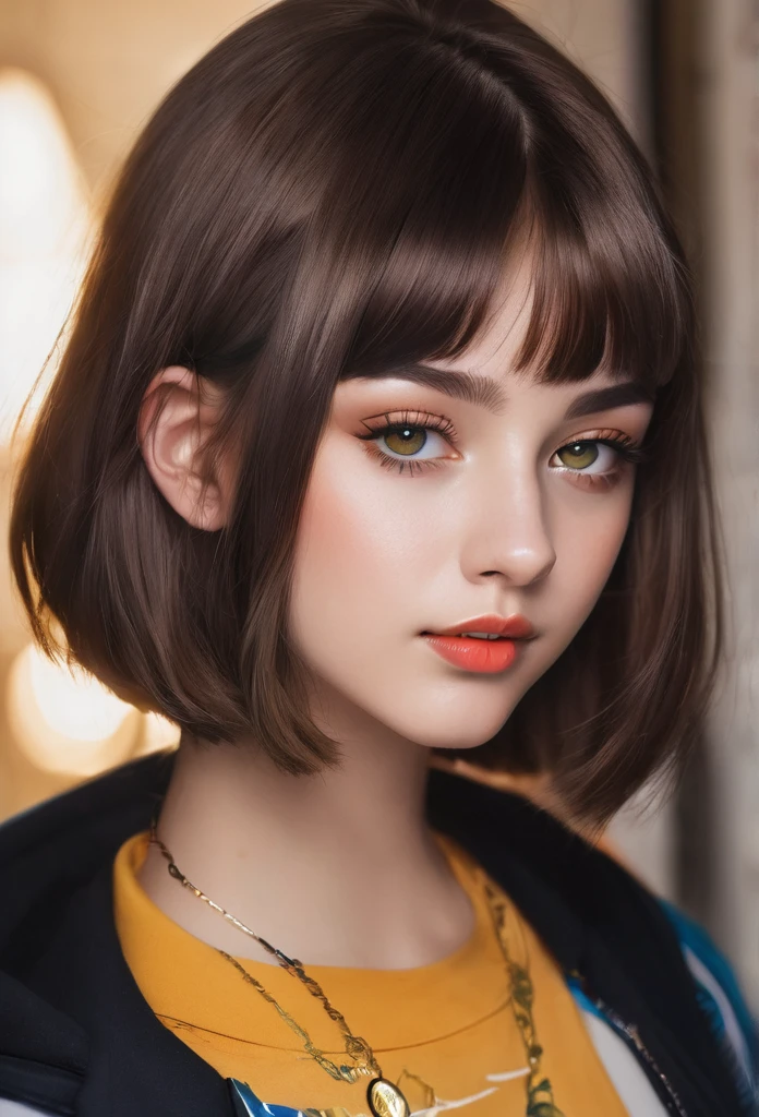 Beautiful 16-year-old girl, named Sofia, beautiful golden eyes, detailed eyes, MID-HEIGHT bob  haircut, mermeland lips, sexy, detailed face, university jacket, in the background happy birthday.