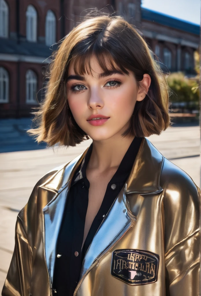 Beautiful -yeld gi named Sofia, beautiful golden eyes, detailed eyes, MID-HEIGHT bob  haircut, mermeland lips, sexy, detailed face, university jacket, in the background happy birthday.