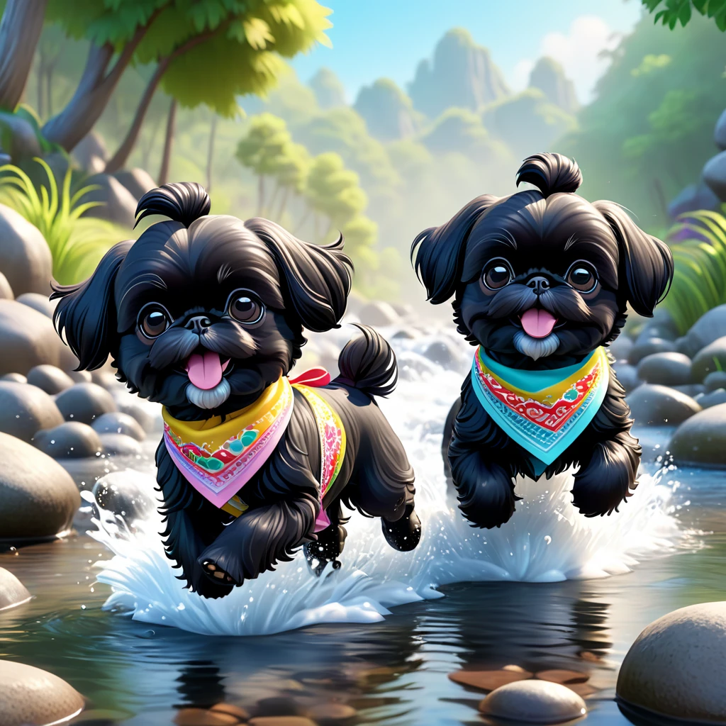 2 Adorable small black Shih Tzu puppies wearing bright bandannas and goggles skydiving Disney background 3d cartoon 3d render disney pixar style