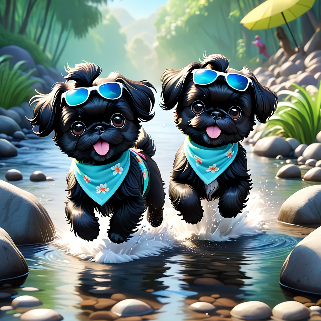 2 Adorable small black Shih Tzu puppies wearing bright bandannas and sunglasses running in creek Disney background 3d cartoon 3d render disney pixar style