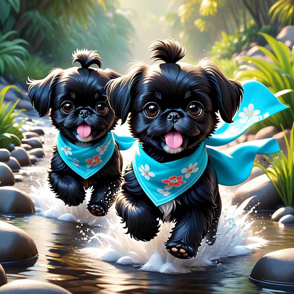 2 Adorable small black Shih Tzu puppies wearing bright bandannas and sunglasses running in creek Disney background 3d cartoon 3d render disney pixar style