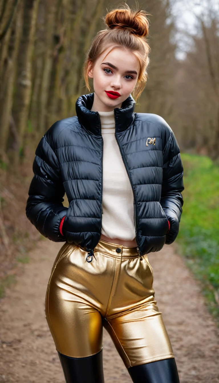 ultrarealistic high quality fullbody photo of a beautiful slim european teen girl with cute hyperdetailed shy face and natural redhead short messy bun and mischievous face, realistic round hazel eyes, red lips, dark eye makeup with eyeliner, wearing shiny gold puffer jacket and faux leather leggins, hourglass body, outdoor shooting