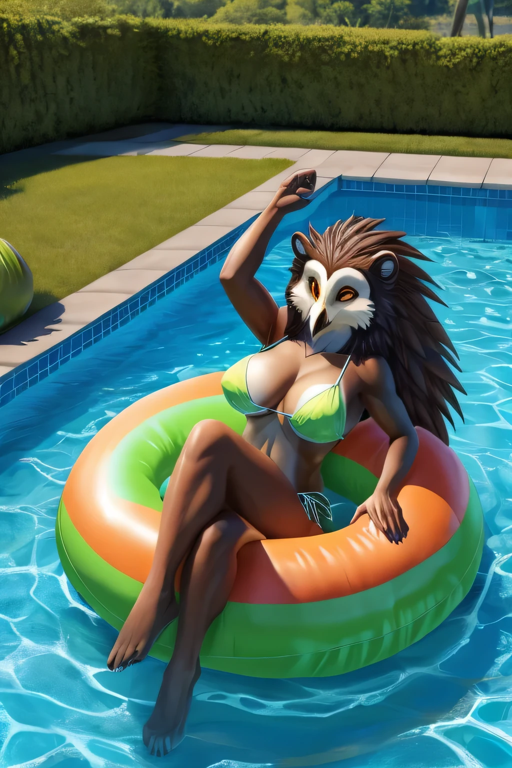 A female anthropomorphic owl in her bikini named Sable, inflates her inflatable Owl at her Pool. Before riding and sinking on the inflatable Owl pool toy Sable had inflated it with a pump. Sable is having a great day-off just floating around, first on her little pineapple and then she transfers to the big owl inflatable. She starts getting turned on first taking her top off, reaching into her bottoms and then finally just getting comfortable. Her personal playtime is interrupted as her pool floaty has sprung a leak as she fights for survival.