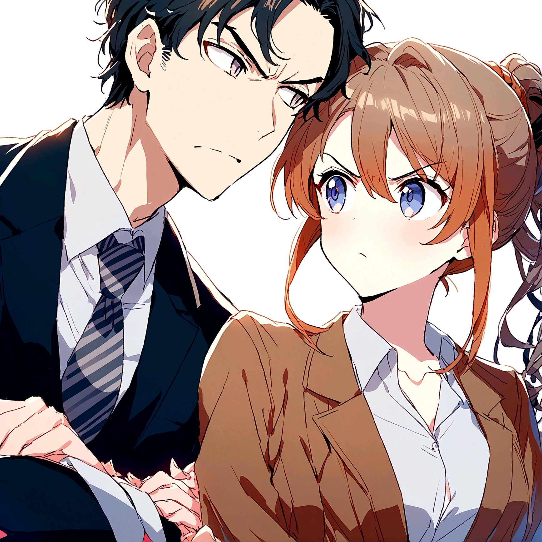 A male office worker with his secretary, staring at each other, angry