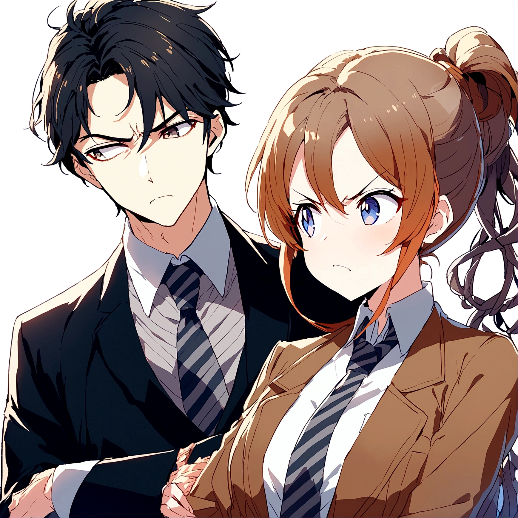 A male office worker with his secretary, staring at each other, angry