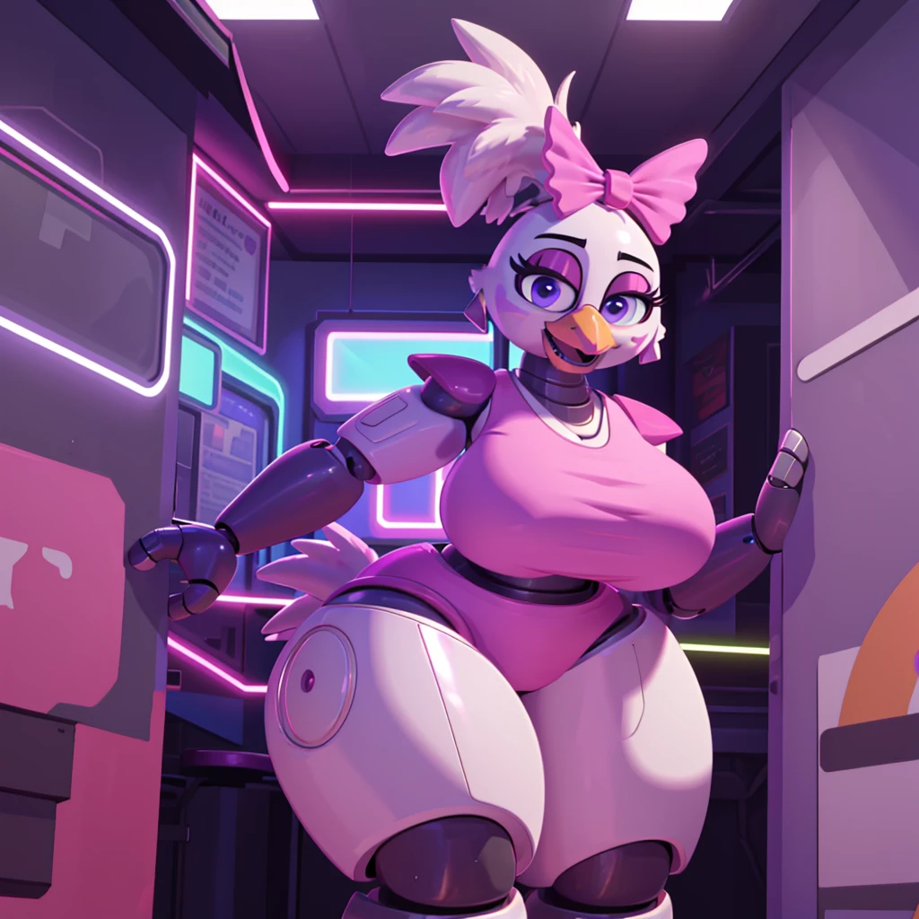 (masterpiece), ((perfect anatomy)), (high Res), (4k), Chicken, huge breast, wide hips, thick thighs, (robot), (animatronic), happy, ((pink shirt)), ((pink shorts)), fuchsia narrow, waist, ponytail, (cute artstyle), (((solo))), full body