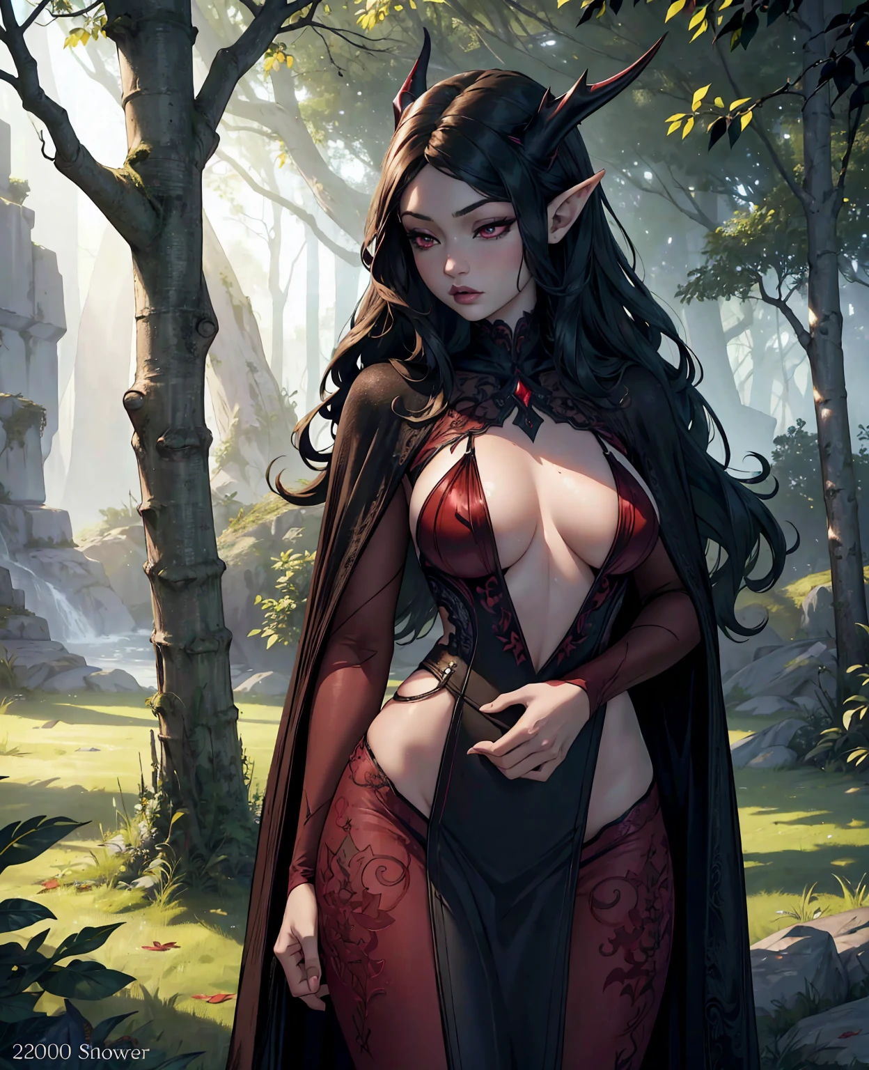 a beautiful devilish woman with long black hair, pale skin, and striking red eyes, wearing an intricate elf-like costume, in a dark and mysterious magical forest setting, (best quality,4k,8k,highres,masterpiece:1.2),ultra-detailed,(realistic,photorealistic,photo-realistic:1.37),portrait,fantasy,dark fantasy,chiaroscuro lighting,dramatic shadows,vivid colors,cinematic composition
