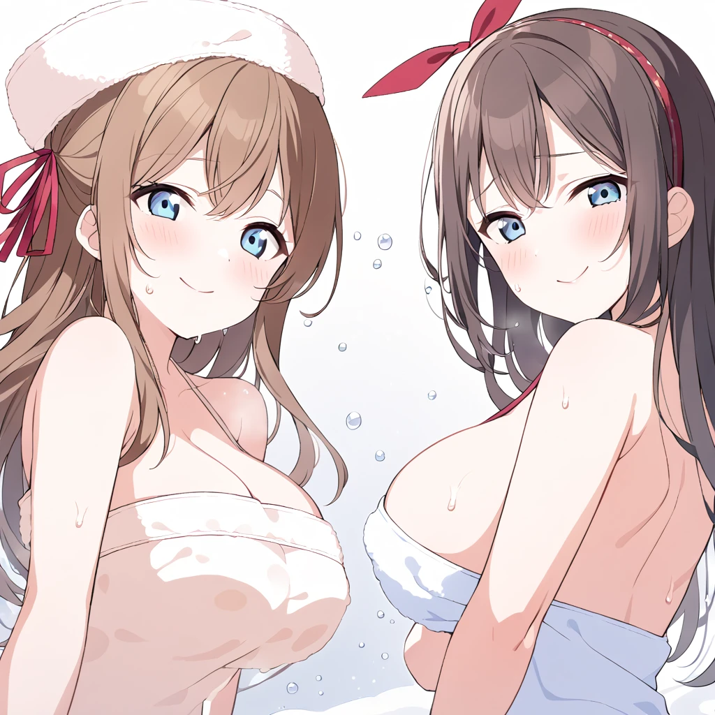 Sakurazaka Shizuku Brown Hair Long Hair Light blue eyes bath Large Breasts Sweaty smile Take a bubble bath bath towel Head ribbon Big red ribbon