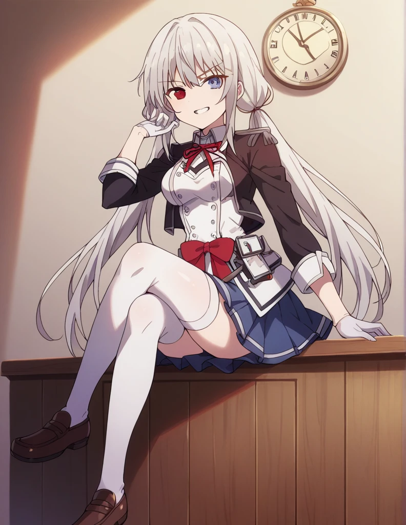 1girl, solo, long hair, breasts, medium breasts, looking at viewer, smile, clock blue eyes, skirt, shirt, red eyes, thighhighs, gloves, long sleeves, ribbon, twintails, sitting, very long hair, , black jacket, white shirt, white hair, pleated skirt, shoes, white gloves, grin, white thighhighs, red ribbon, blue skirt, neck ribbon, low twintails, heterochromia, brown footwear, crossed legs, loafers, tokisaki kurumi