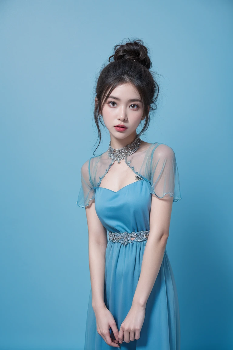 21 year old girl, blue background, beautiful dress