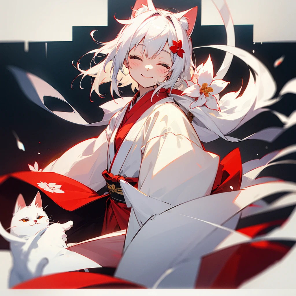 Eyes closed, short white hair, red kimono, white scarf, cat ears, flower hair accessory, smiling face