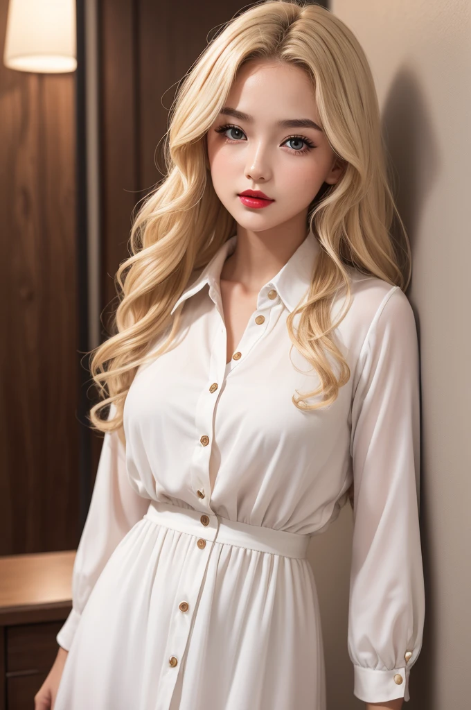 Girl with medium wavy blonde hair, with eyes, red lipgloss stick, dark blonde, semi-arched eyebrows and white button-down dress.