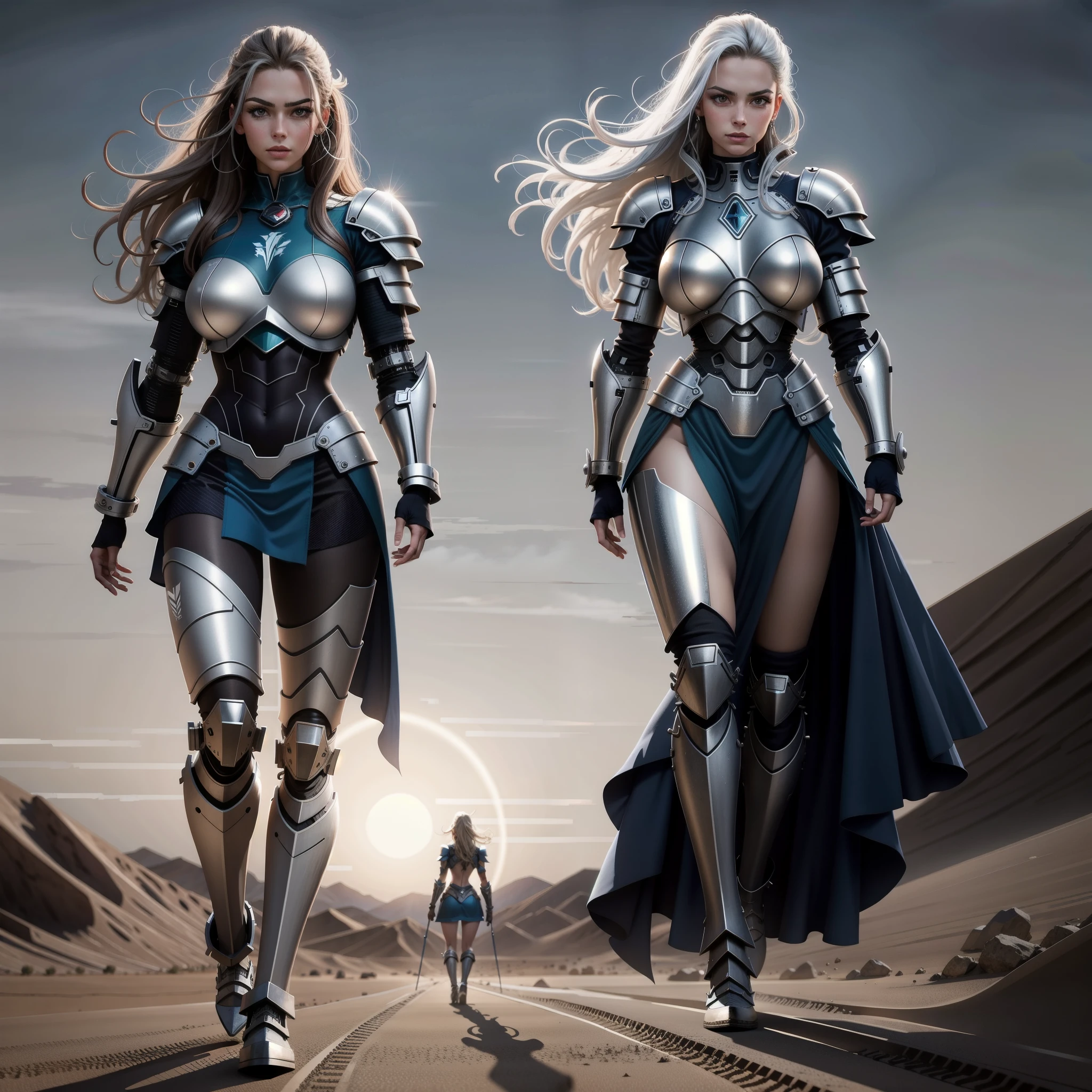 High resolution drawing of a large full body warrior with long hair facing the camera in illuminated silver and blue Cyborg armor with muscular body, head turned to the right looking at a woman on her knees with huge breasts, walking in a sandy desert, eagles flying in the sky at dusk.