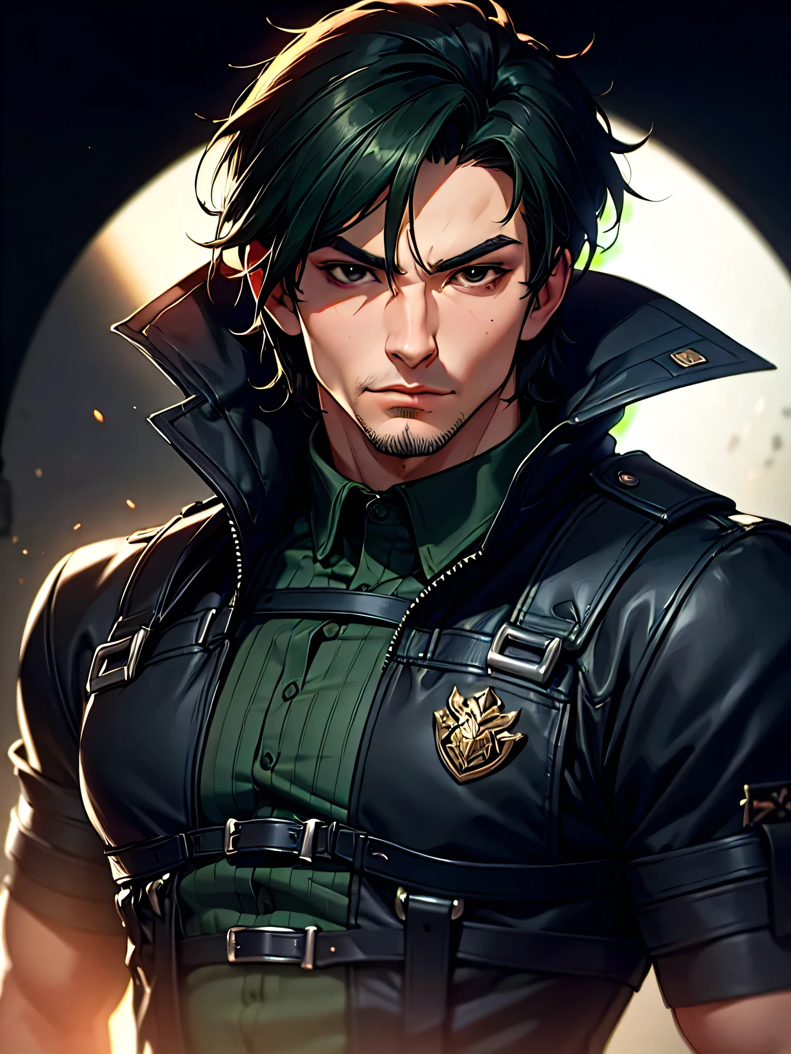 ((Portrait)), He has a Robust and Muscular Appearance, with Adult Charm, Fair Skin and a Fit Build. He Expresses a Calm and Relaxed Look, Giving Off a Serious Attitude. He has Black Eyes, and His Hair is Short and Tousled, Dark Green, with Slightly Facial Hair. He Wears an Open Black Jacket with a Dark Police Shirt, and Tactical Belts. ((Portrait, HDR, Dark Background))